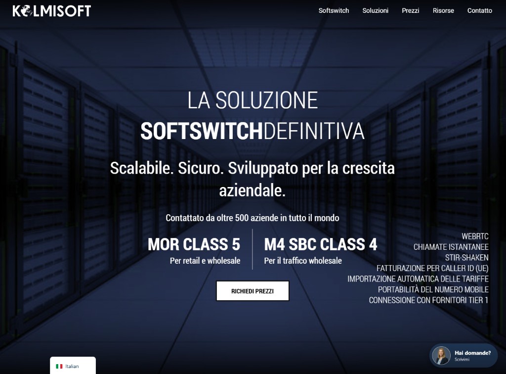 Kolmisoft.com homepage in Italian with language selector bottom-left