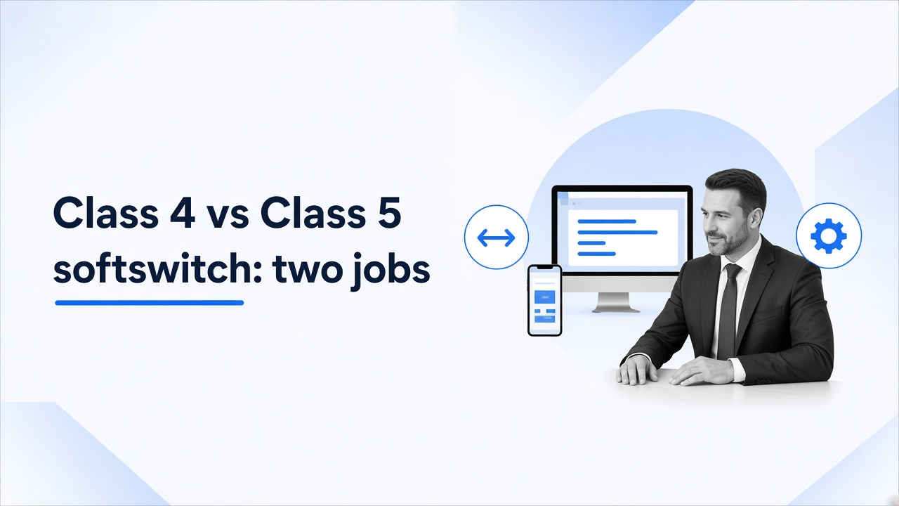 Man in a suit seated at a desk beside a monitor and a phone. Title on the left: Class 4 vs Class 5 softswitch, two jobs.