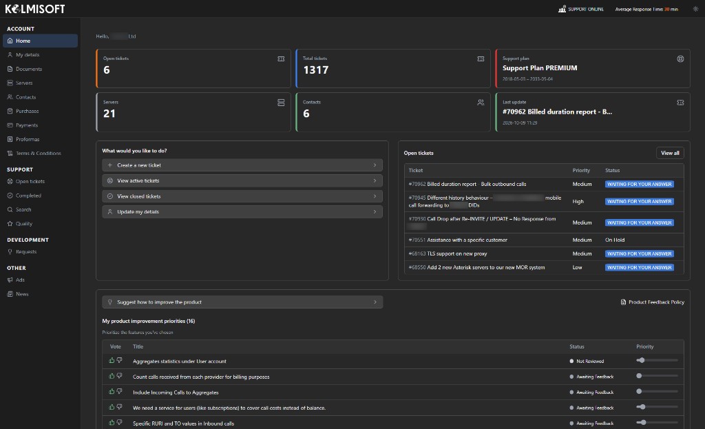 Client Support portal home, dark theme