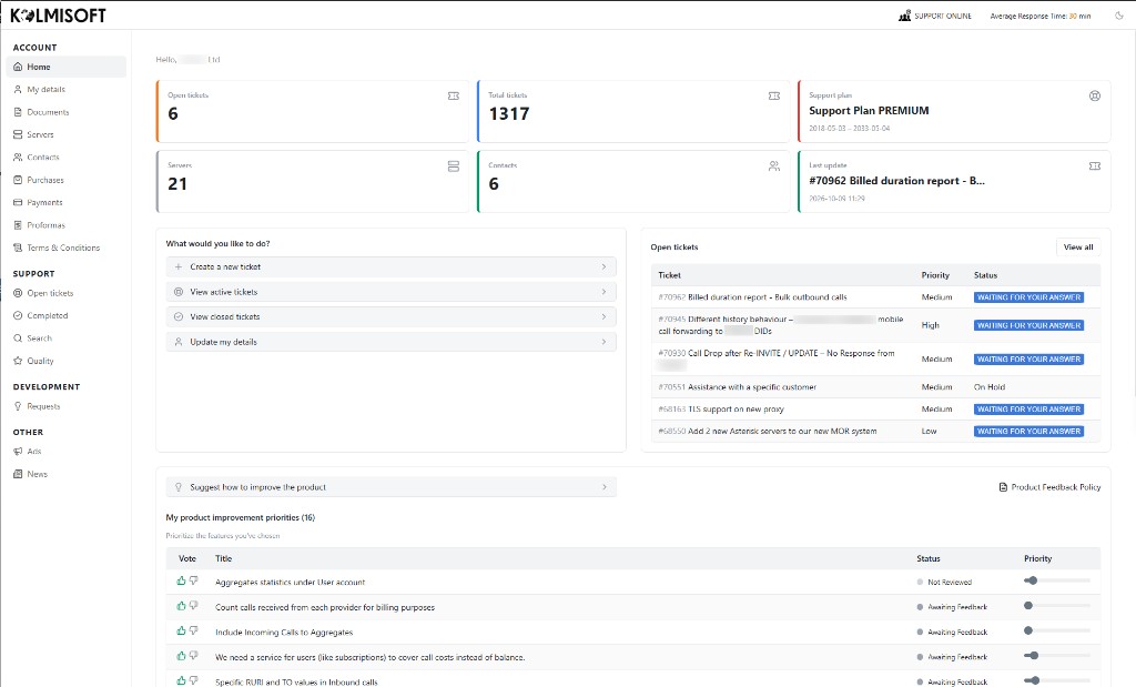Client Support portal home, light theme